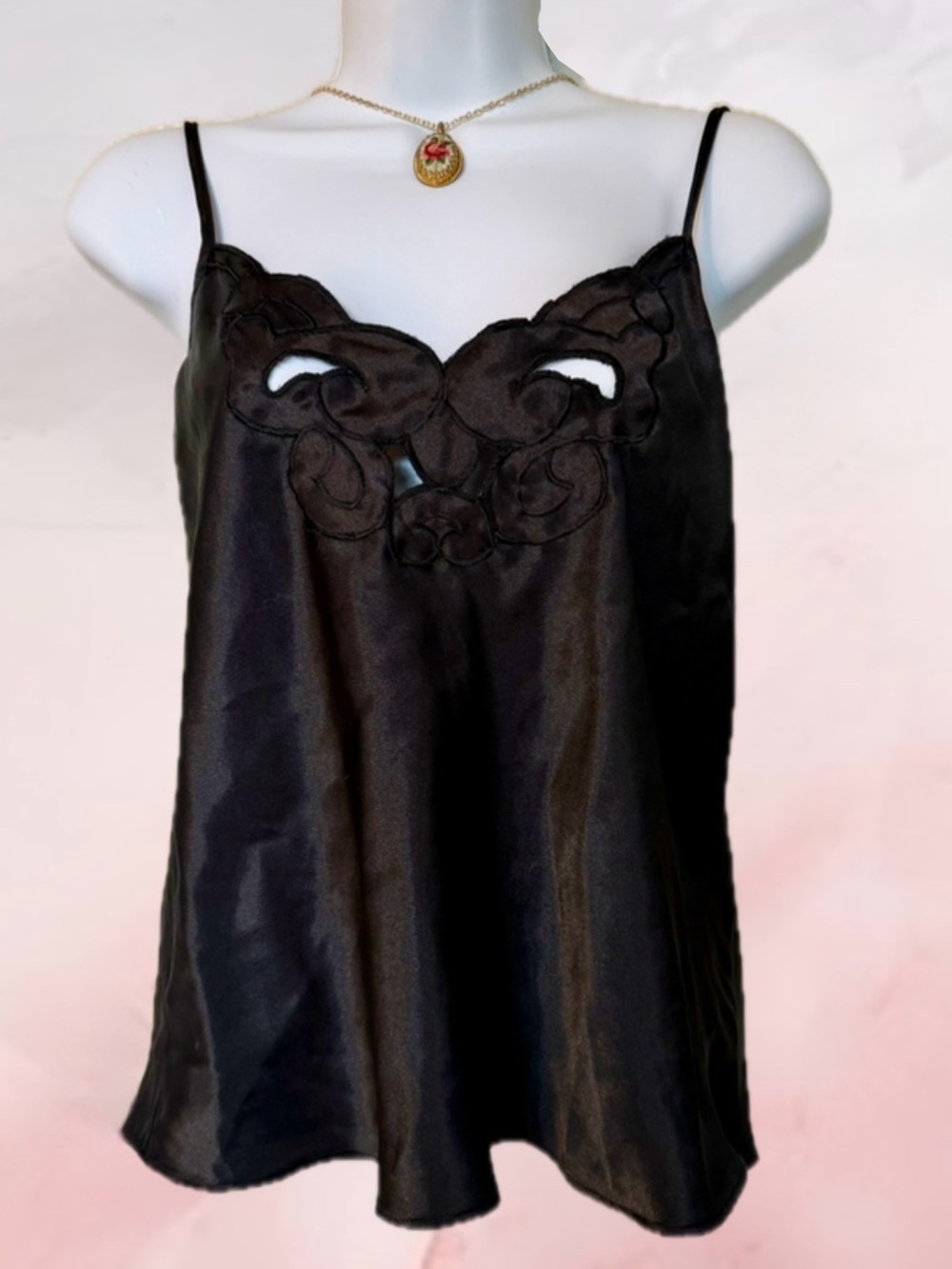 Vintage 80’s Josie by NATORI Black Satin Cami Camisole w/ Cutouts Sz S